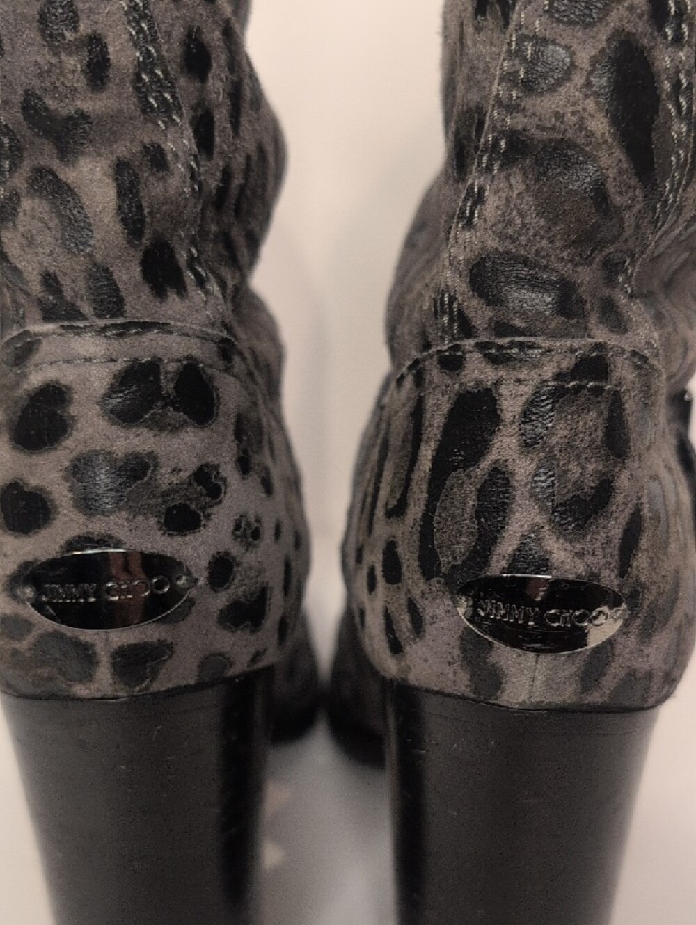 Jimmy Choo Gray Leopard-Print Mid-Calf Heeled Boots Size 36.5 - Picture 6 of 15